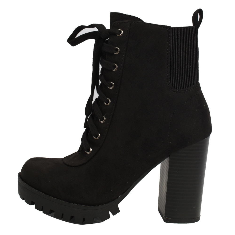 Size 8 Black Faux Suede Lace Up Stacked Block Heel - Picture 2 of 8